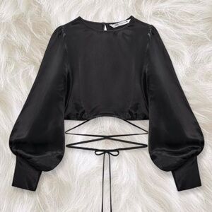 Zara Black Satin Cotton Linen Long Sleeves Crop Top Open Back With Ties. Size XS